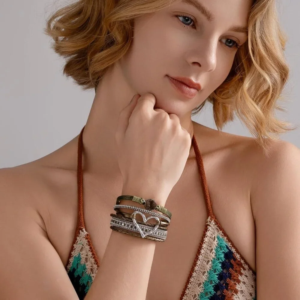 Leather Wrap Bracelet Faux Leather Zinc Clasp Boho Jewelry for Women